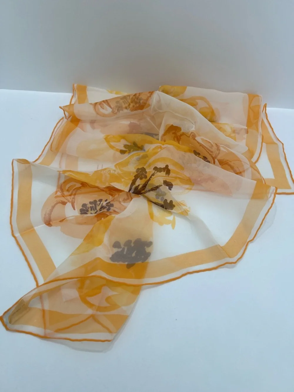 Vintage Vera Neumann Yellows, apricots & touch of brown Sheer scarf 42” x 13”